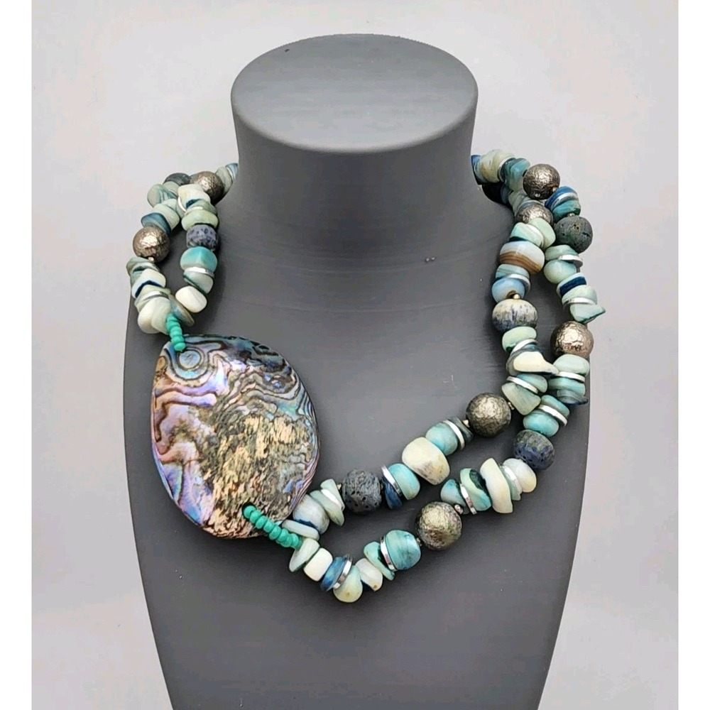 VTG Miriam Haskell Raw Abalone Sea Shell Gemstone Beaded Statement Necklace